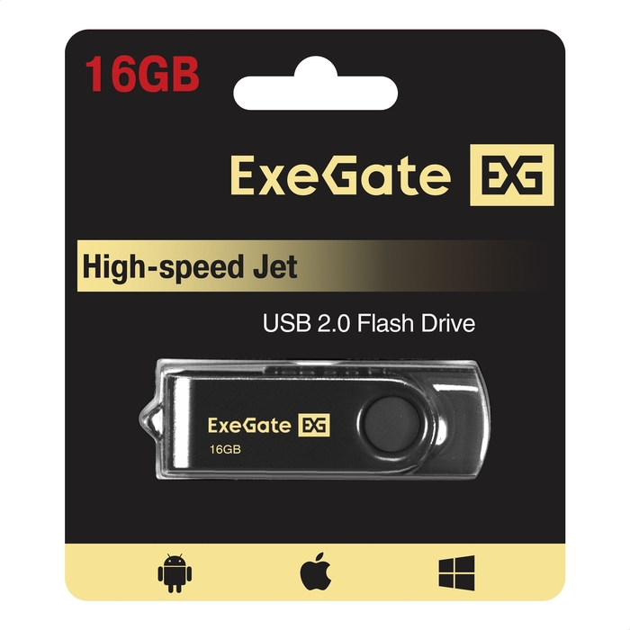 Флешка USB 16Gb, USB 2.0, ExeGate Jet <EX302039RUS> черный, пластик/металл